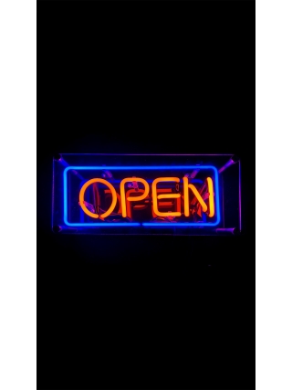 Open - Glas Neon Sign - Blauw, Oranje