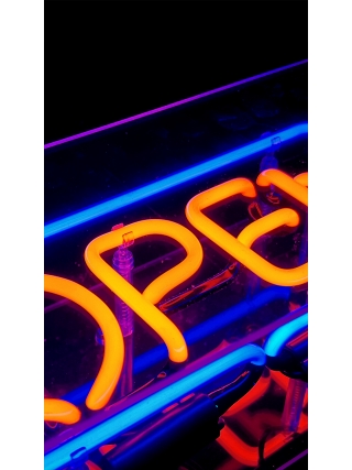 Open - Glas Neon Sign - Blauw, Oranje