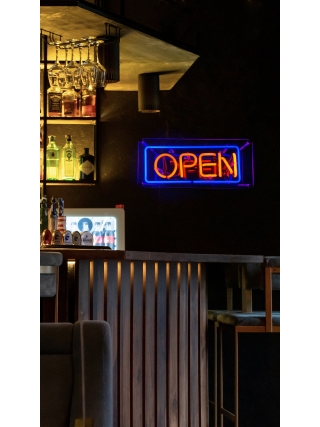 Open - Glas Neon Sign - Blauw, Oranje