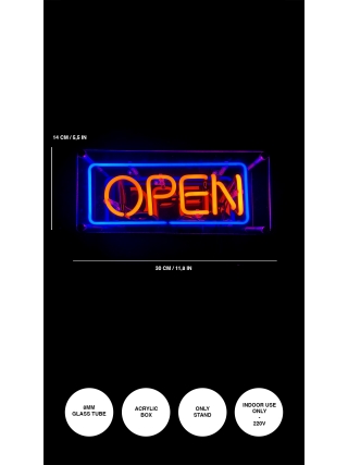 Open - Glas Neon Sign - Blauw, Oranje