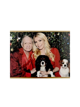 Kaart - Kerst - Playboy -  Hugh Hefner & Crystal en honden Charlie & Lady - Gesigneerd