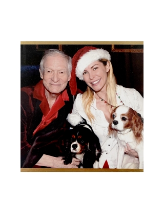 Kaart - Kerst - Playboy -  Hugh Hefner & Crystal en honden Charlie & Lady - Gesigneerd